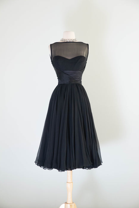Sublime 1950's Don Loper Black Silk Chiffon Cocktail Dress / S