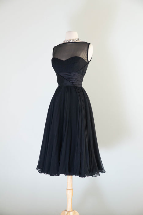 Sublime 1950's Don Loper Black Silk Chiffon Cocktail Dress / S