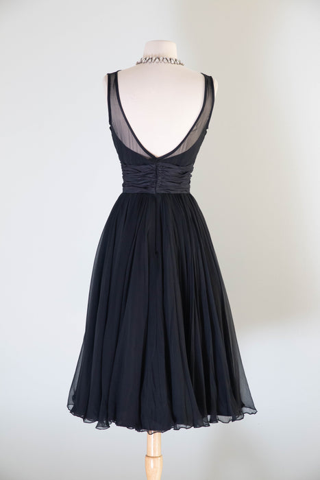 Sublime 1950's Don Loper Black Silk Chiffon Cocktail Dress / S