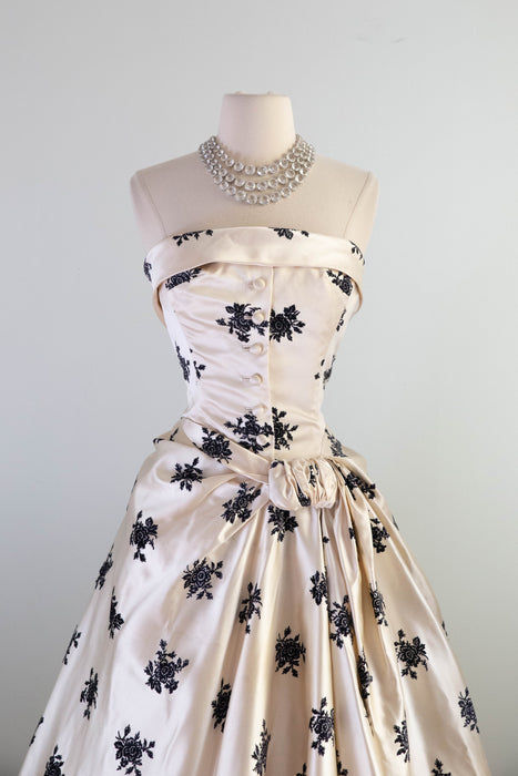 Exquisite 1950's Hattie Carnegie Ivory Silk and Flocked Velvet Evening Dress / SM