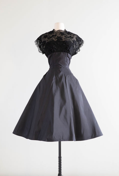 Stunning 1950's Black Silk Taffeta Party Dress With Lace Bodice / Small