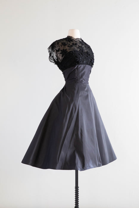 Stunning 1950's Black Silk Taffeta Party Dress With Lace Bodice / Small