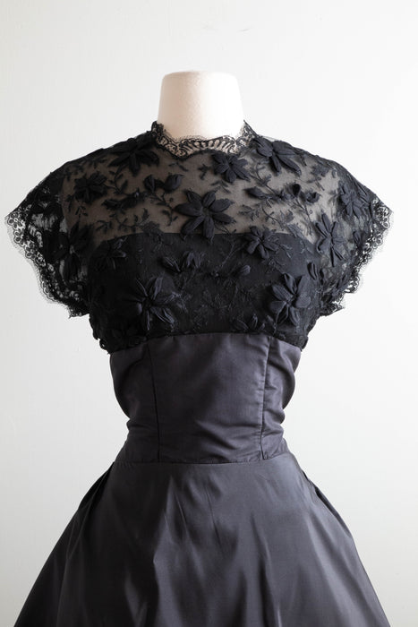 Stunning 1950's Black Silk Taffeta Party Dress With Lace Bodice / Small