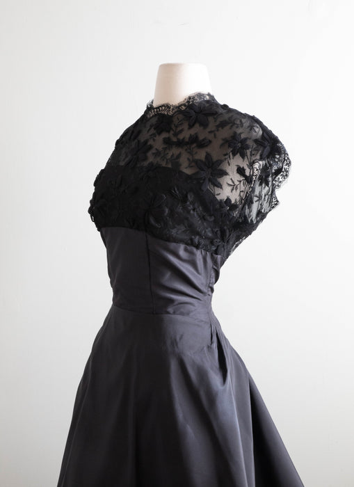 Stunning 1950's Black Silk Taffeta Party Dress With Lace Bodice / Small