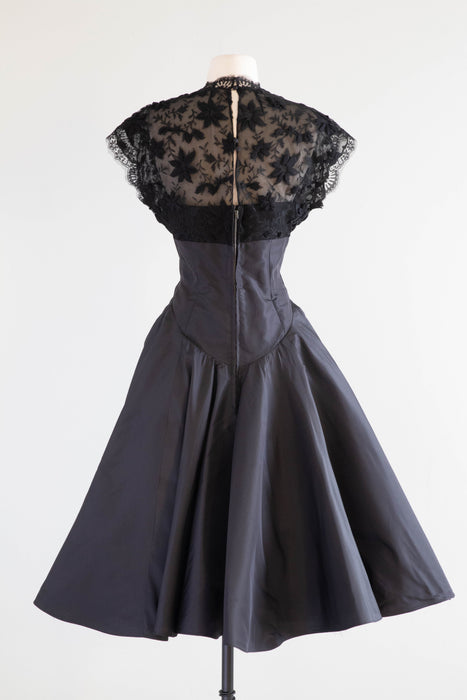 Stunning 1950's Black Silk Taffeta Party Dress With Lace Bodice / Small