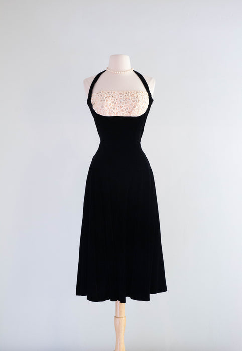 Iconic 1950's Black Velvet Halter Dress With Floral Lace / SM