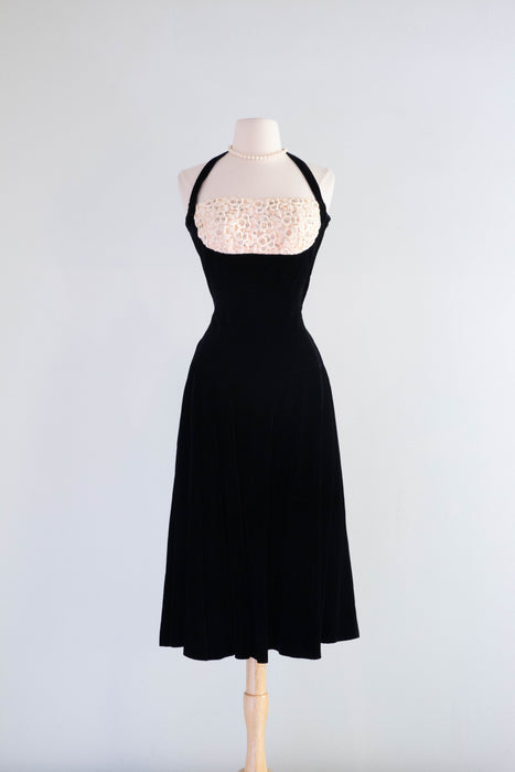 Iconic 1950's Black Velvet Halter Dress With Floral Lace / SM