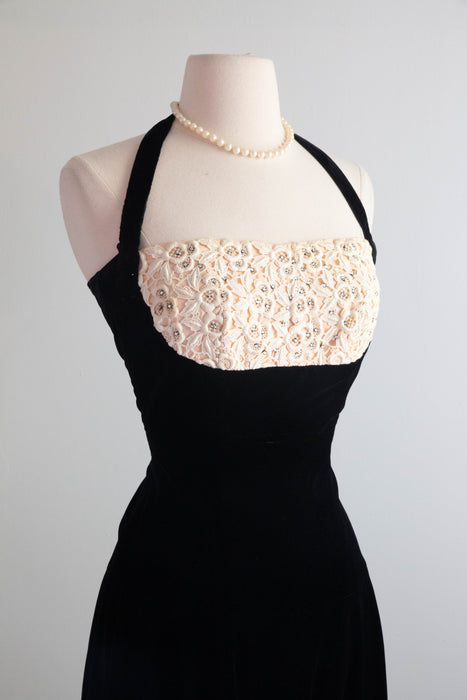 Iconic 1950's Black Velvet Halter Dress With Floral Lace / SM