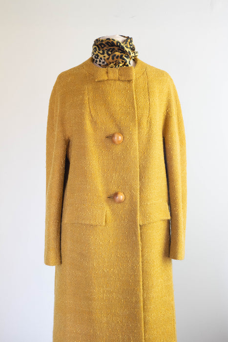 Elegant 1960's Sculptural Wool Coat In Dijon With Wood Buttons / Medium