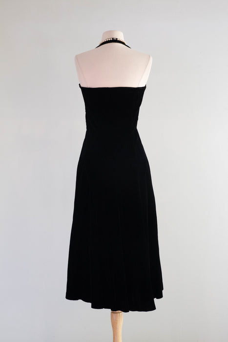 Iconic 1950's Black Velvet Halter Dress With Floral Lace / SM