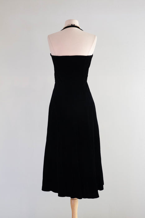 Iconic 1950's Black Velvet Halter Dress With Floral Lace / SM Xtabay Vintage Iconic 1950's Black Velvet Halter Dress With Floral Lace / SM Xtabay Vintage