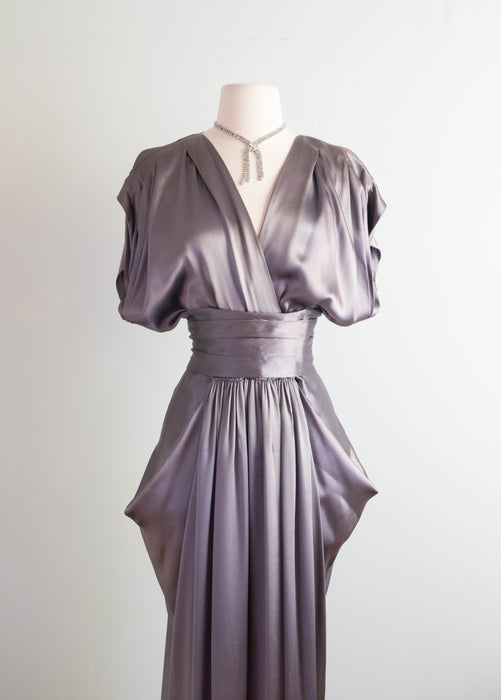 Statuesque Late 1940's Gravestone Grey Satin Evening Gown / Medium