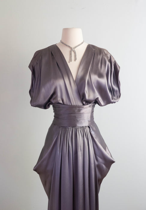 Statuesque Late 1940's Gravestone Grey Satin Evening Gown / Medium