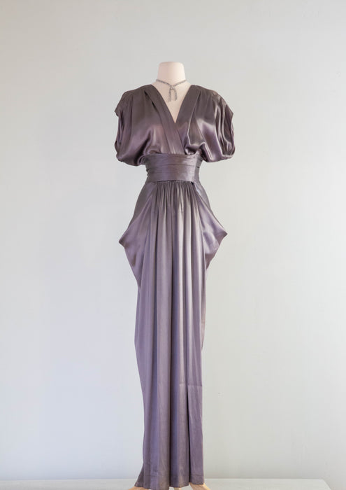 Statuesque Late 1940's Gravestone Grey Satin Evening Gown / Medium