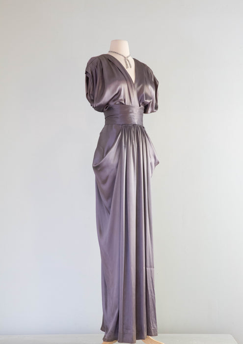 Statuesque Late 1940's Gravestone Grey Satin Evening Gown / Medium