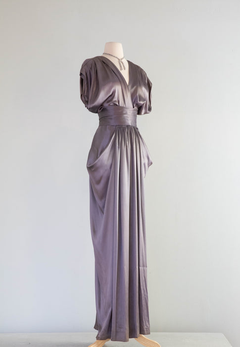 Statuesque Late 1940's Gravestone Grey Satin Evening Gown / Medium