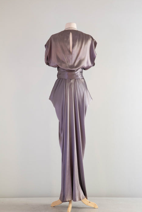 Statuesque Late 1940's Gravestone Grey Satin Evening Gown / Medium