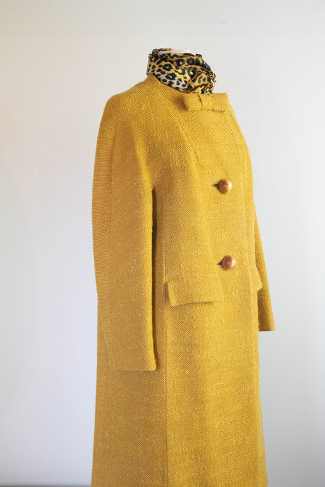 Elegant 1960's Sculptural Wool Coat In Dijon With Wood Buttons / Medium