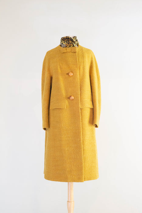 Elegant 1960's Sculptural Wool Coat In Dijon With Wood Buttons / Medium