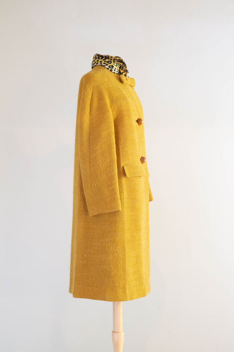 Elegant 1960's Sculptural Wool Coat In Dijon With Wood Buttons / Medium