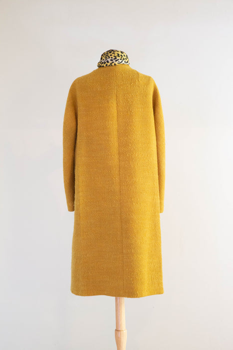 Elegant 1960's Sculptural Wool Coat In Dijon With Wood Buttons / Medium