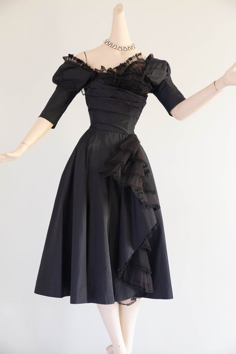 Gorgeous 1950’s Hattie Carnegie Black Silk Taffeta Cocktail Dress / Small