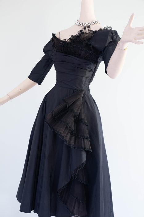 Gorgeous 1950’s Hattie Carnegie Black Silk Taffeta Cocktail Dress / Small
