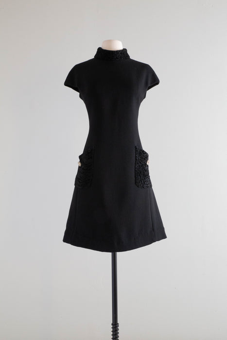 Ultra Chic 1960's Mod Black Wool Cocktail Dress With Fur Accents / Medium