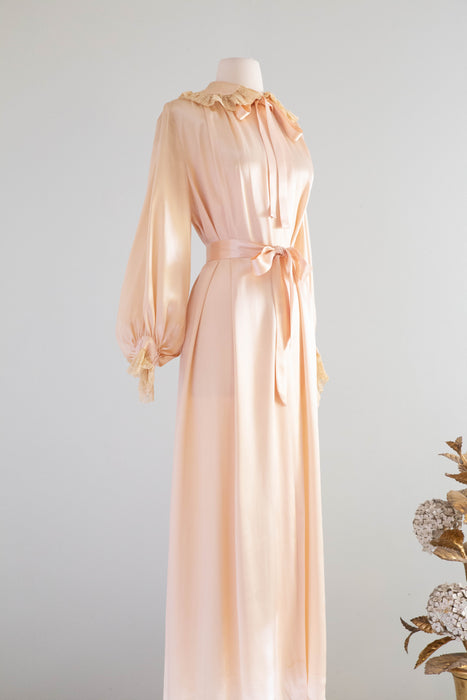 Lovely 1930's Blush Satin Crepe Peignoir With Bishop Sleeves and Lace Collar / Medium