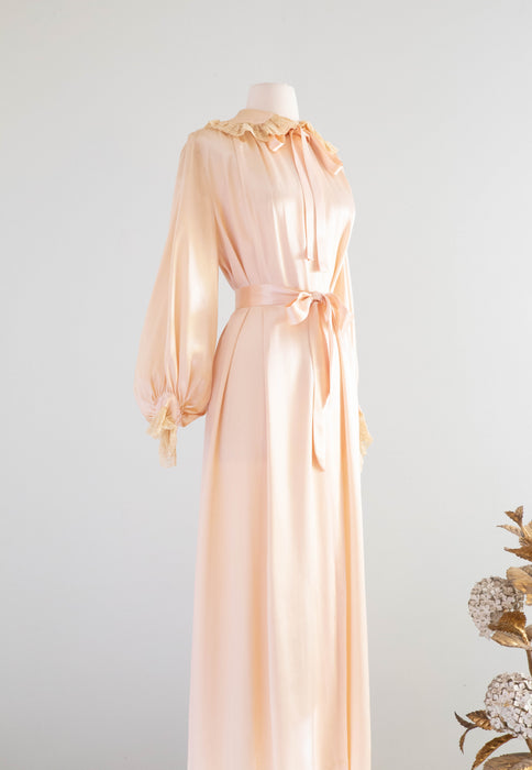 Lovely 1930's Blush Satin Crepe Peignoir With Bishop Sleeves and Lace Collar / Medium