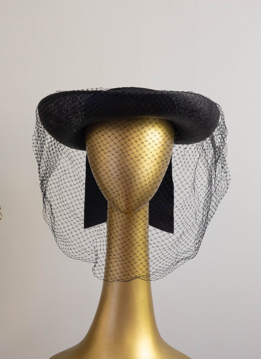 Dramatic 1940’s New York Creations Fully Veiled Black Brimmed Straw Hat