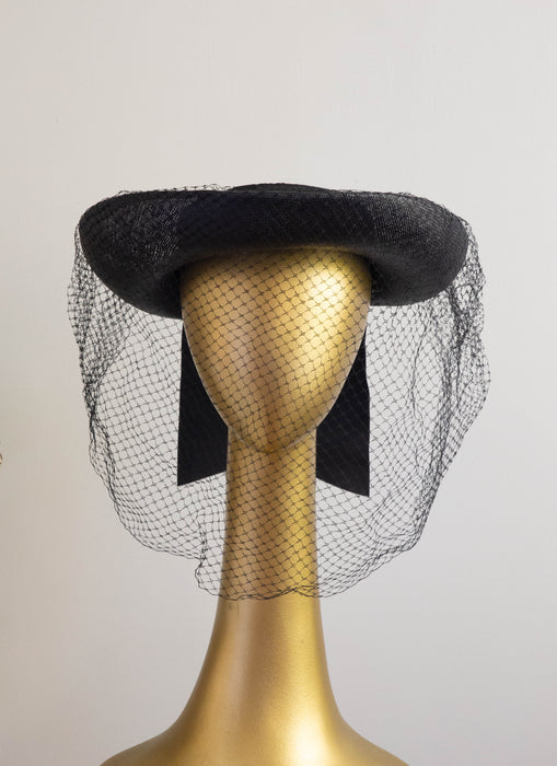 Dramatic 1940’s New York Creations Fully Veiled Black Brimmed Straw Hat