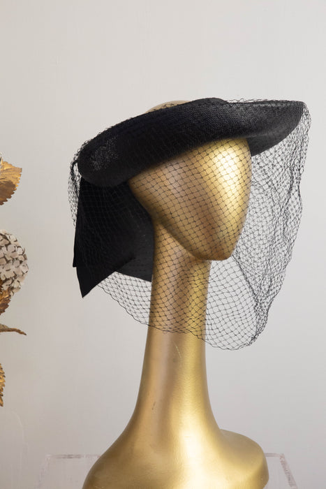 Dramatic 1940’s New York Creations Fully Veiled Black Brimmed Straw Hat