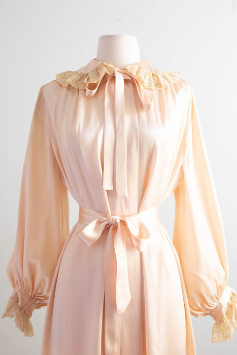 Lovely 1930's Blush Satin Crepe Peignoir With Bishop Sleeves and Lace Collar / Medium