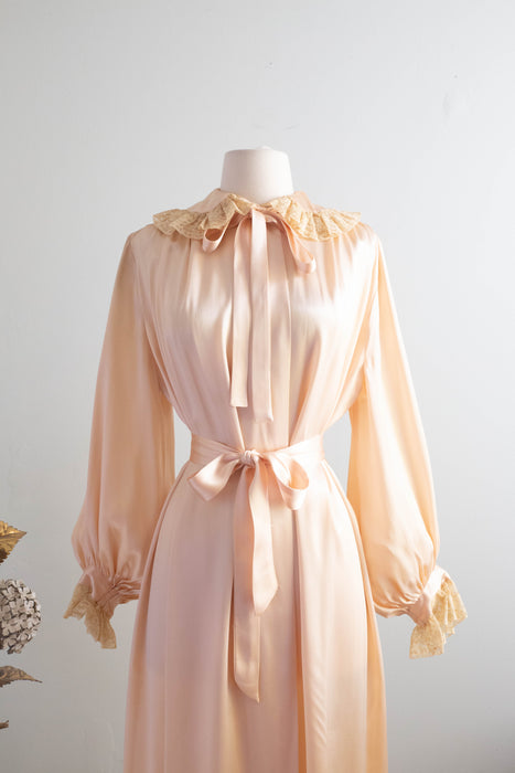 Lovely 1930's Blush Satin Crepe Peignoir With Bishop Sleeves and Lace Collar / Medium