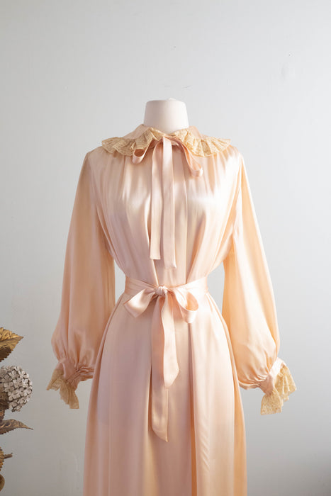 Lovely 1930's Blush Satin Crepe Peignoir With Bishop Sleeves and Lace Collar / Medium