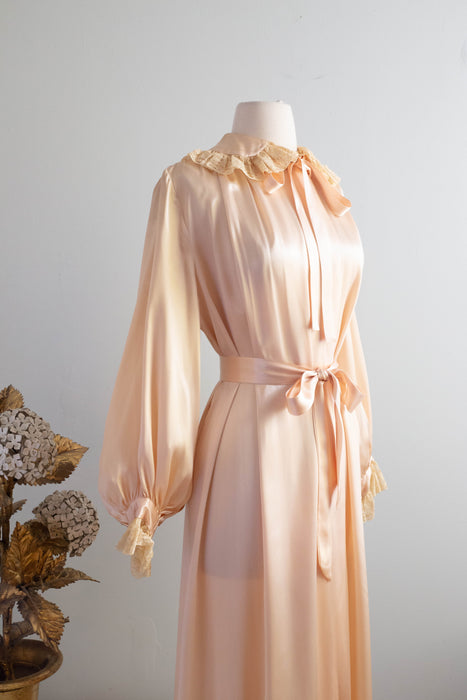 Lovely 1930's Blush Satin Crepe Peignoir With Bishop Sleeves and Lace Collar / Medium