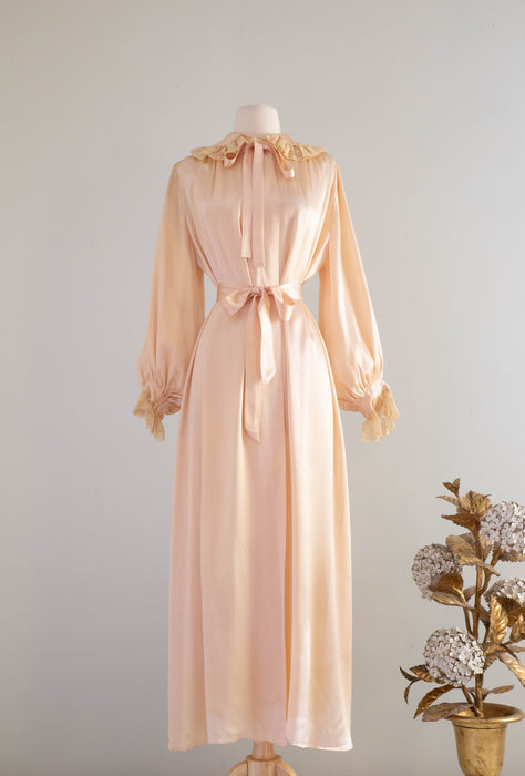 Lovely 1930's Blush Satin Crepe Peignoir With Bishop Sleeves and Lace Collar / Medium