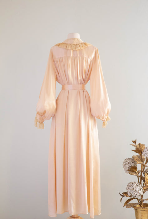 Lovely 1930's Blush Satin Crepe Peignoir With Bishop Sleeves and Lace Collar / Medium