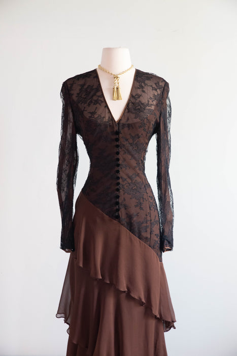 Stunning Vintage Peggy Jennings Imported Lace & Silk Chiffon Evening Gown / M