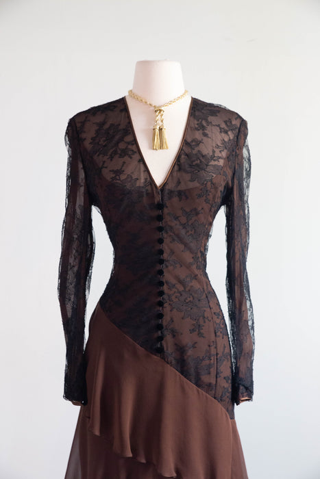 Stunning Vintage Peggy Jennings Imported Lace & Silk Chiffon Evening Gown / M