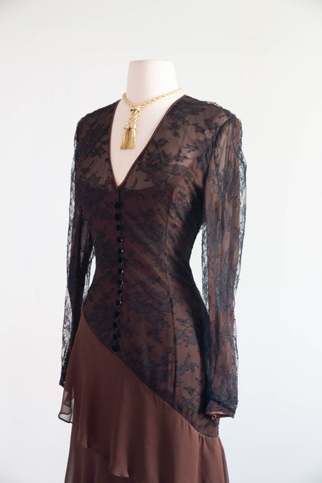 Stunning Vintage Peggy Jennings Imported Lace & Silk Chiffon Evening Gown / M