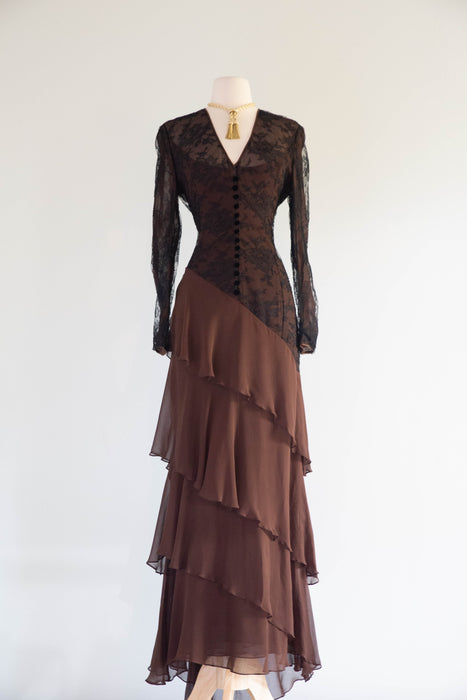 Stunning Vintage Peggy Jennings Imported Lace & Silk Chiffon Evening Gown / M