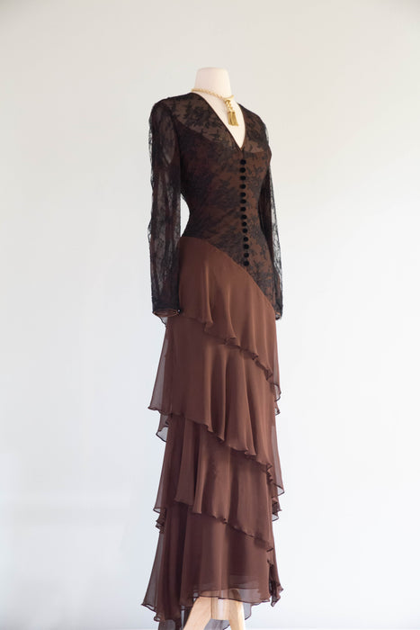 Stunning Vintage Peggy Jennings Imported Lace & Silk Chiffon Evening Gown / M