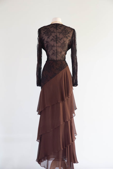 Stunning Vintage Peggy Jennings Imported Lace & Silk Chiffon Evening Gown / M