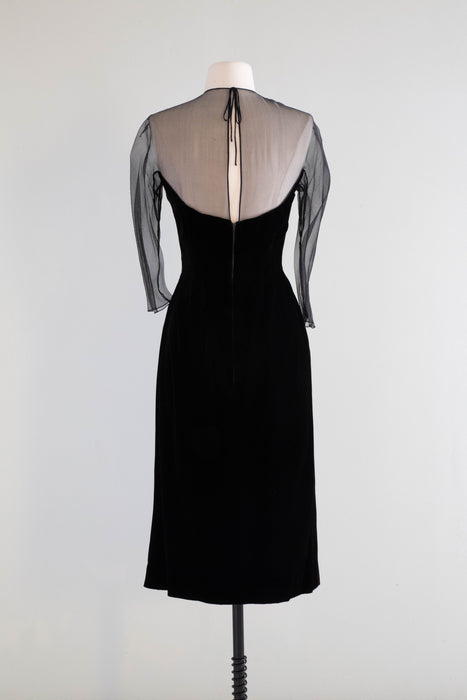 Exquisite 1950's Black Velvet Cocktail Dress Custom Made Neiman Marcus / Small