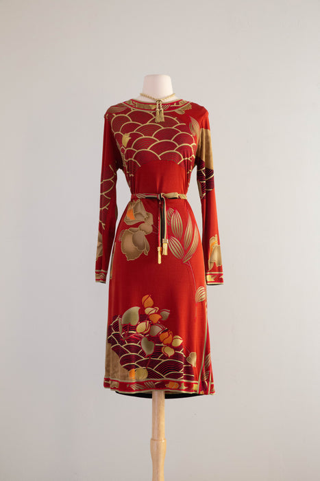 Gorgeous Vintage Leonard Paris Silk Jersey Autumn Foliage Dress / ML