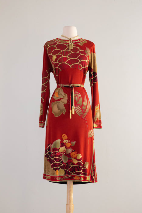 Gorgeous Vintage Leonard Paris Silk Jersey Autumn Foliage Dress / ML