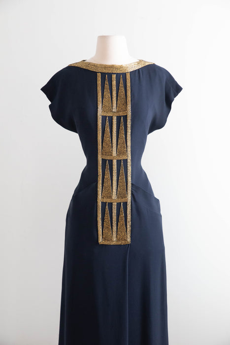 Elegant 1980s Karl Lagerfeld Navy Blue Silk Evening Gown With Gold Beading / M