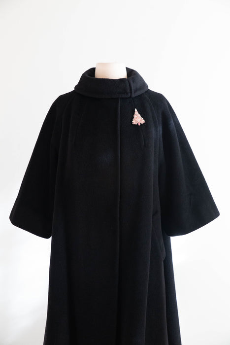 Fabulous 1950's Lilli Ann Black Cashmere Trapeze Swing Coat / M